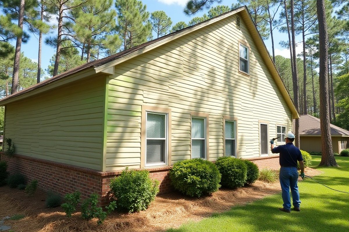 Low-pressure soft wash being applied to light tan siding on a Houston-area home